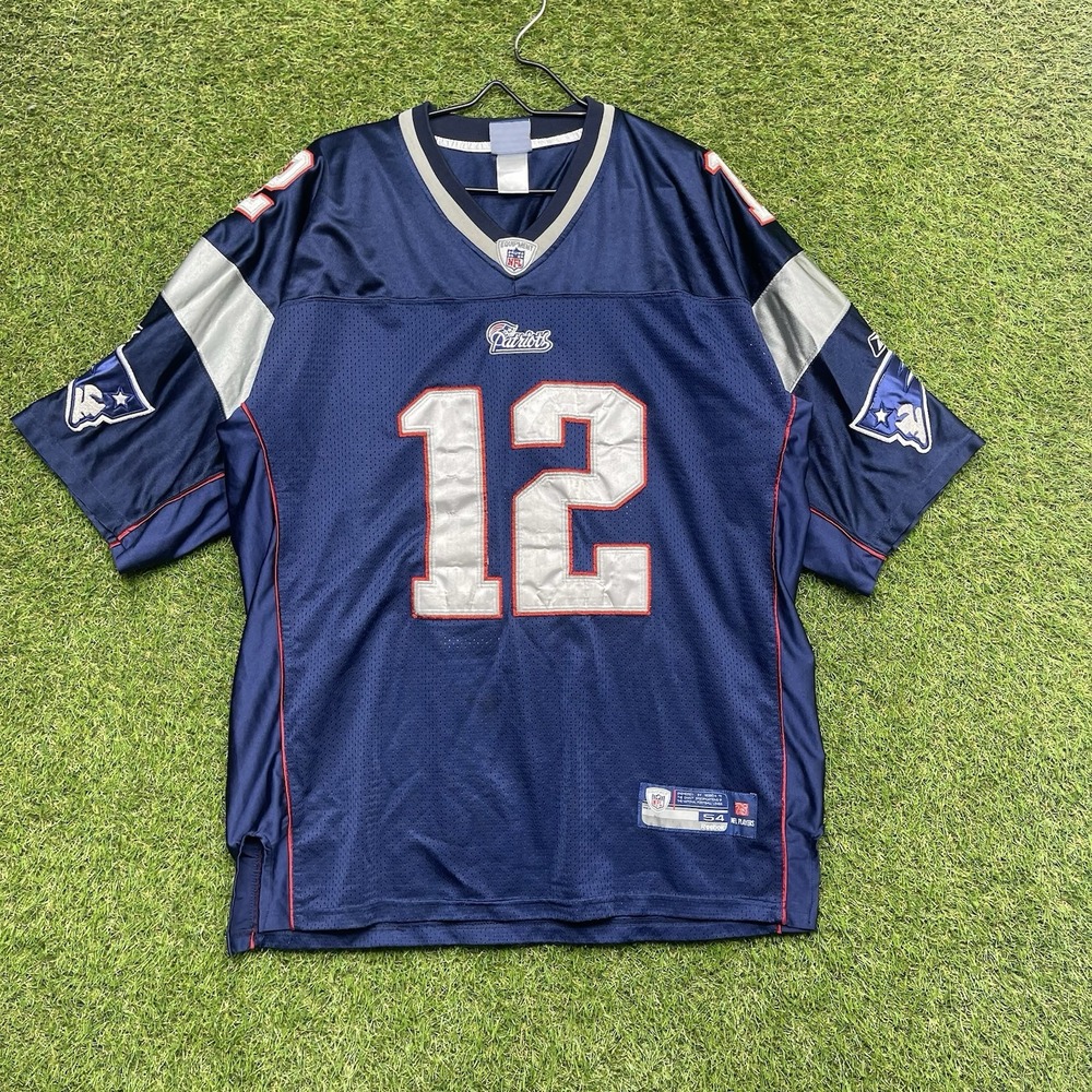 Vintage New England Patriots Reebok Jersey Mens 52 Tom Brady NFL #12 Blue Print